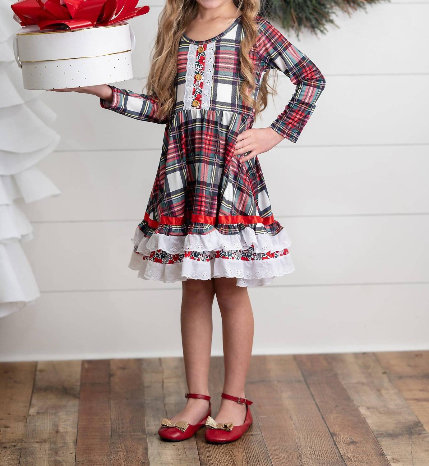 Girl's Holiday Christmas Plaid Lace Ruffle Bow Back Dress