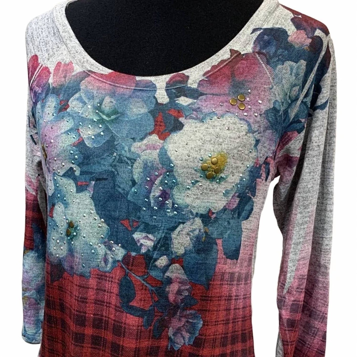 Women's Plaid Floral Lace Back Blouse