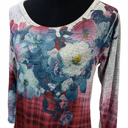 Women's Plaid Floral Lace Back Blouse
