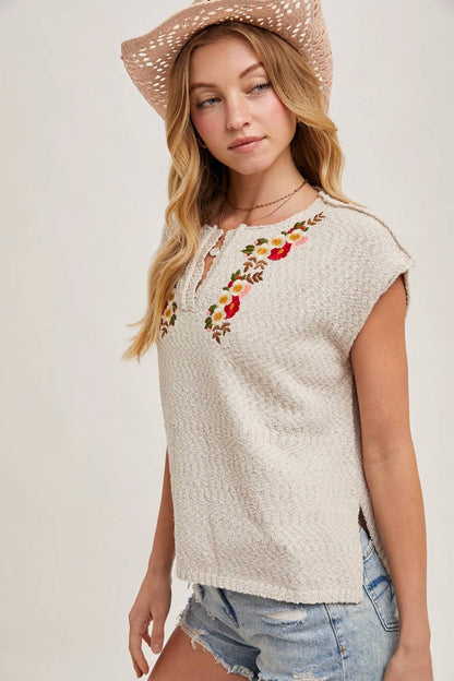 Embroidered Notch Neck Knit Top