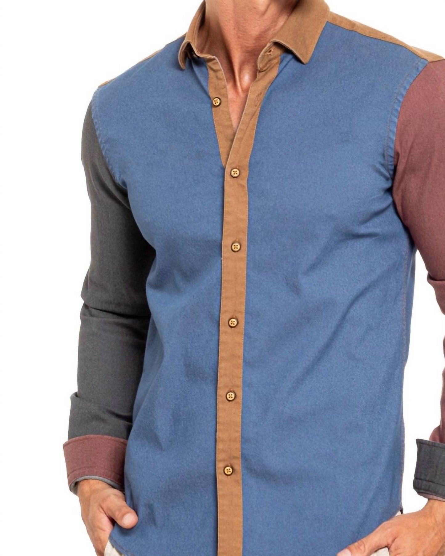 Denim Sections Stretch Button Down Shirt