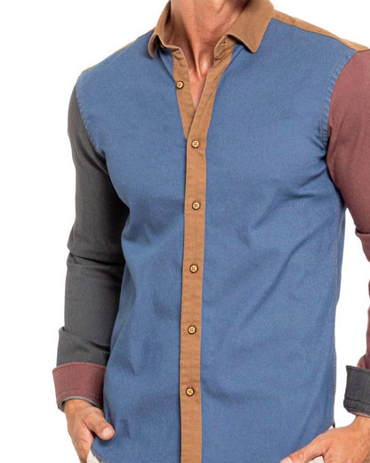 Denim Sections Stretch Button Down Shirt