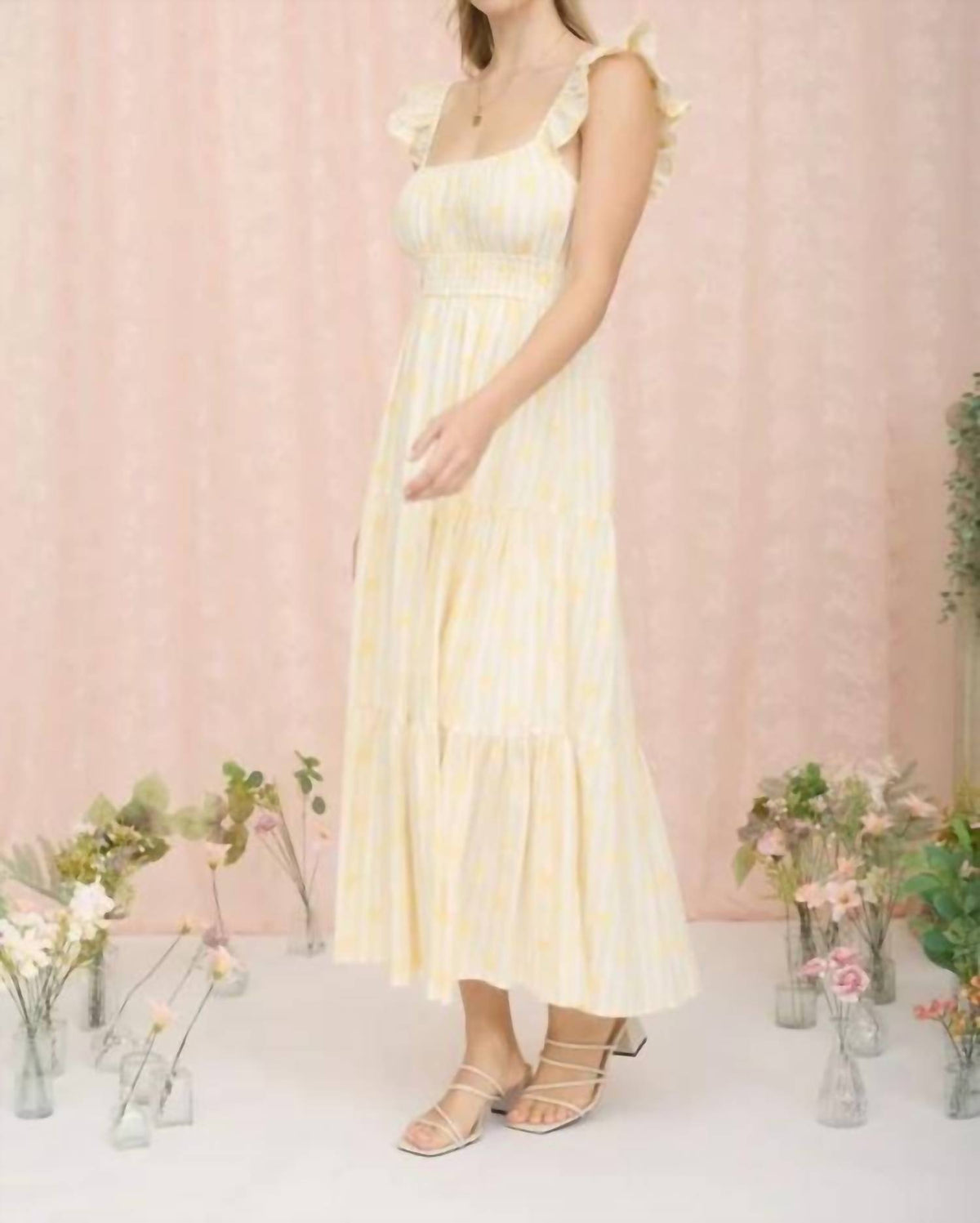 Stripe Floral Flounce Strap Tiered Midi Dress