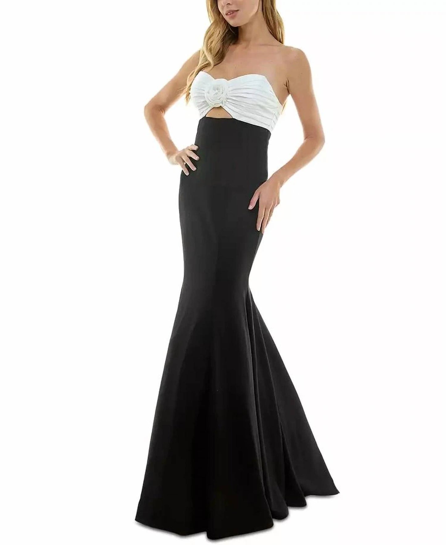 Rosette-trim Cutout Colorblocked Gown