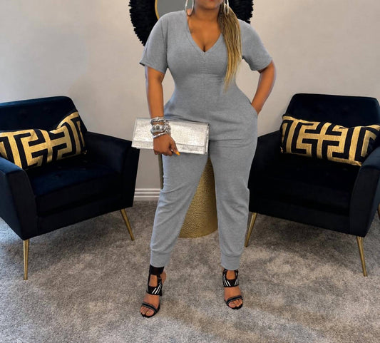 Fancy Dream USA Women's Always Ready V-neck Jumpsuit in Gray