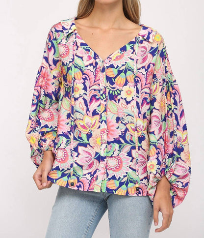 Flower Print Split Neck Blouse