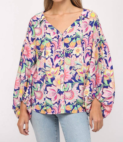 Flower Print Split Neck Blouse
