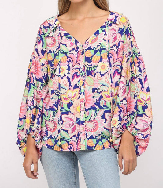 Flower Print Split Neck Blouse