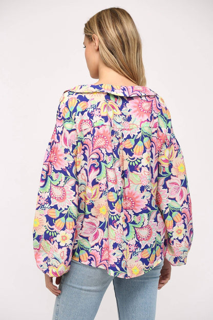 Flower Print Split Neck Blouse