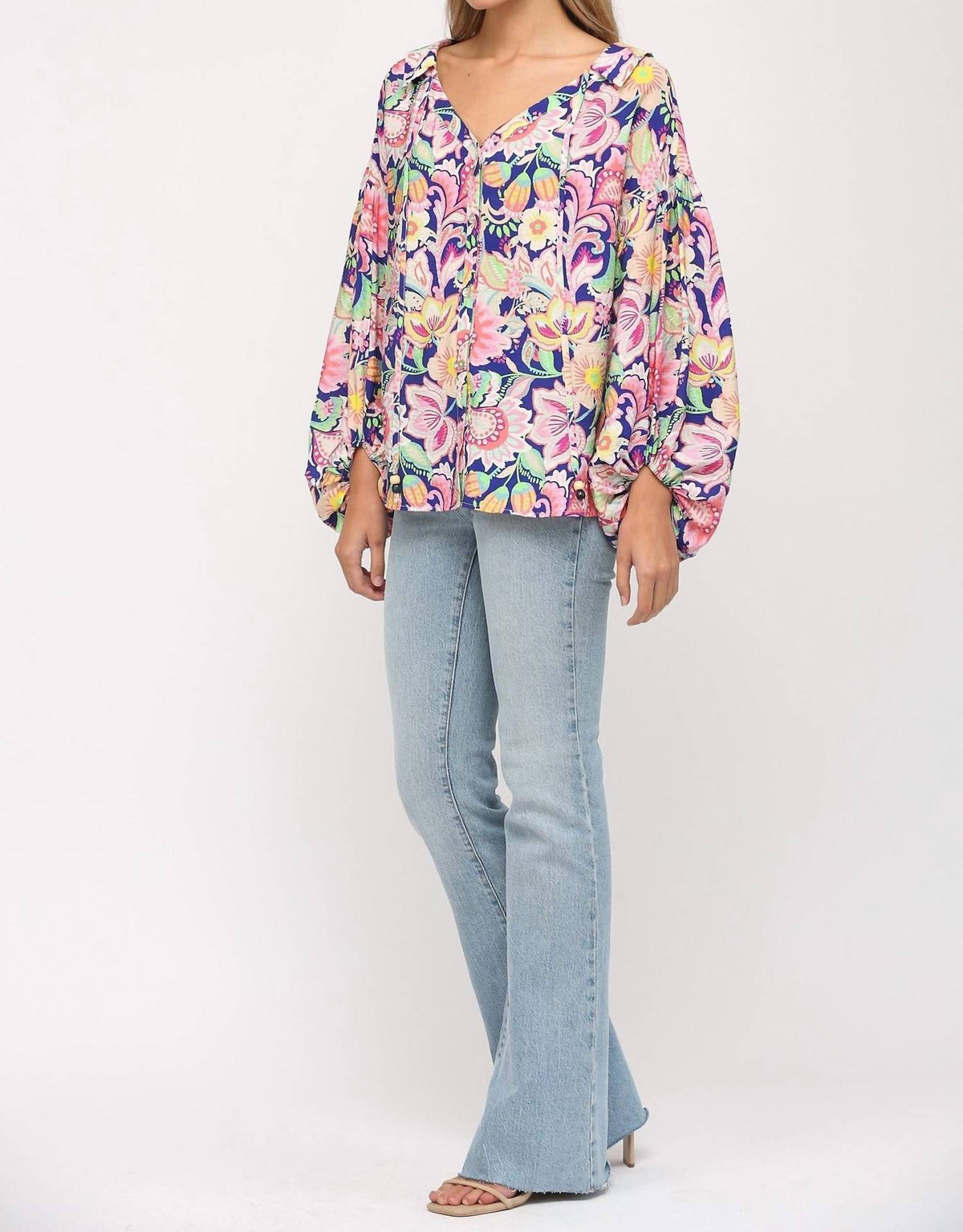 Flower Print Split Neck Blouse