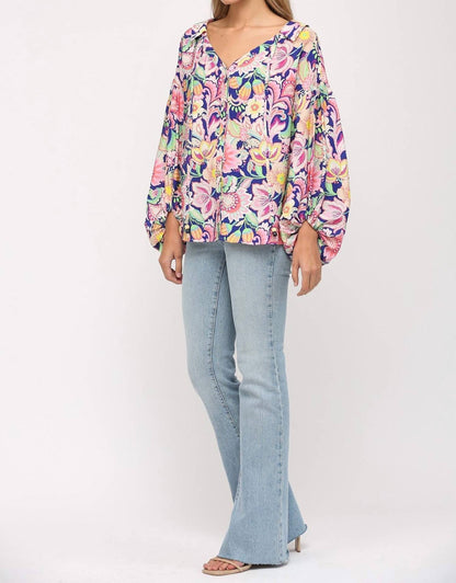 Flower Print Split Neck Blouse