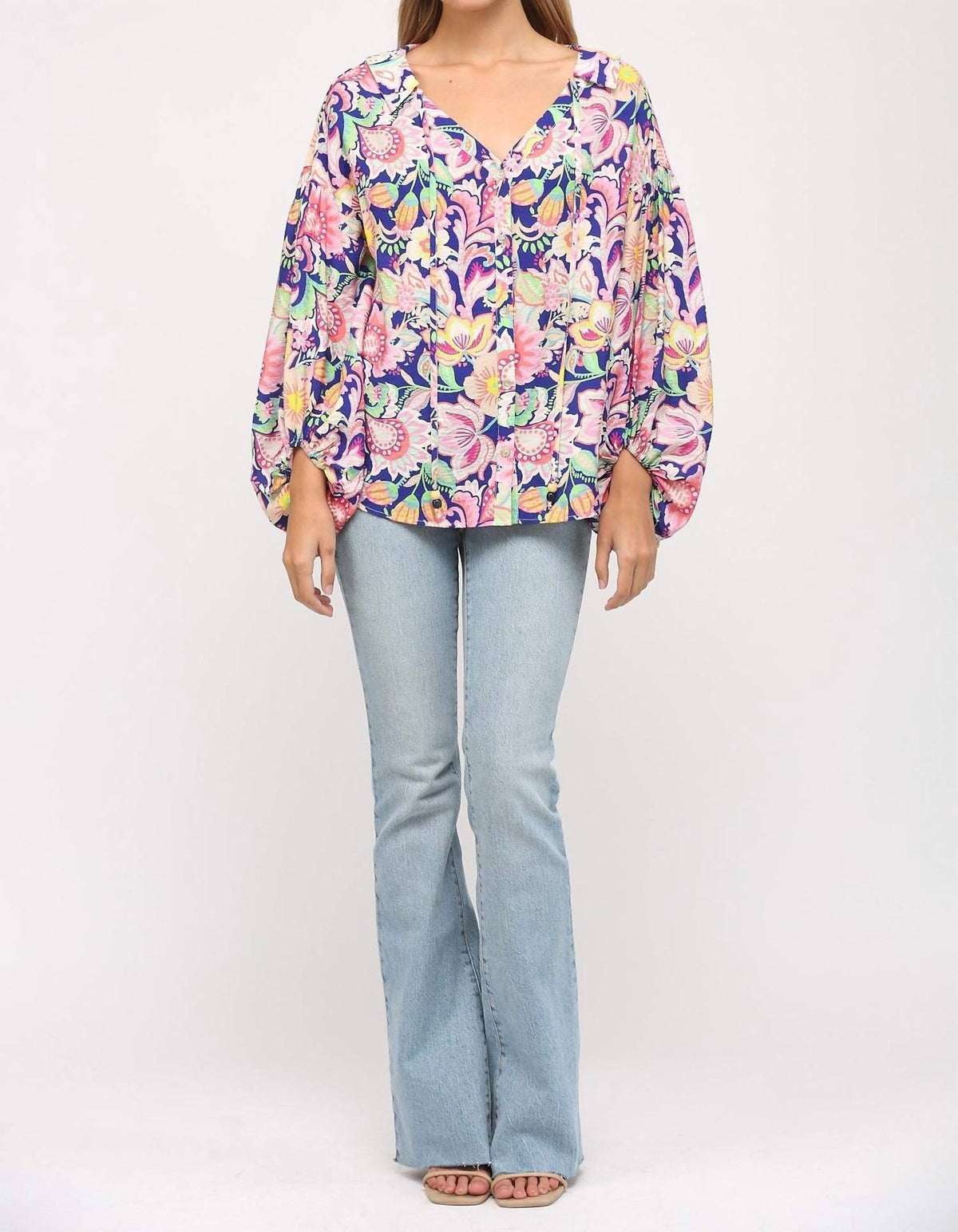 Flower Print Split Neck Blouse