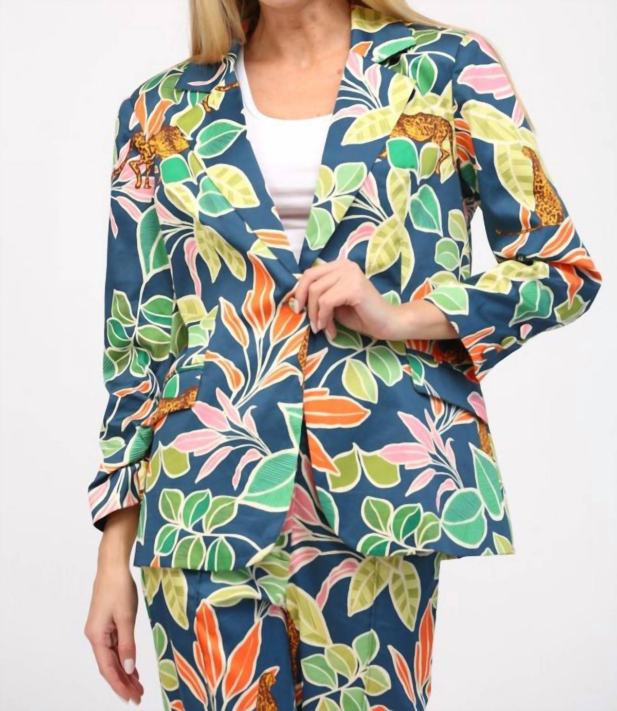 Tropical Print Satin Blazer