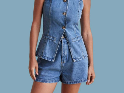 Soleil Buttoned Denim Vest And Shorts Set