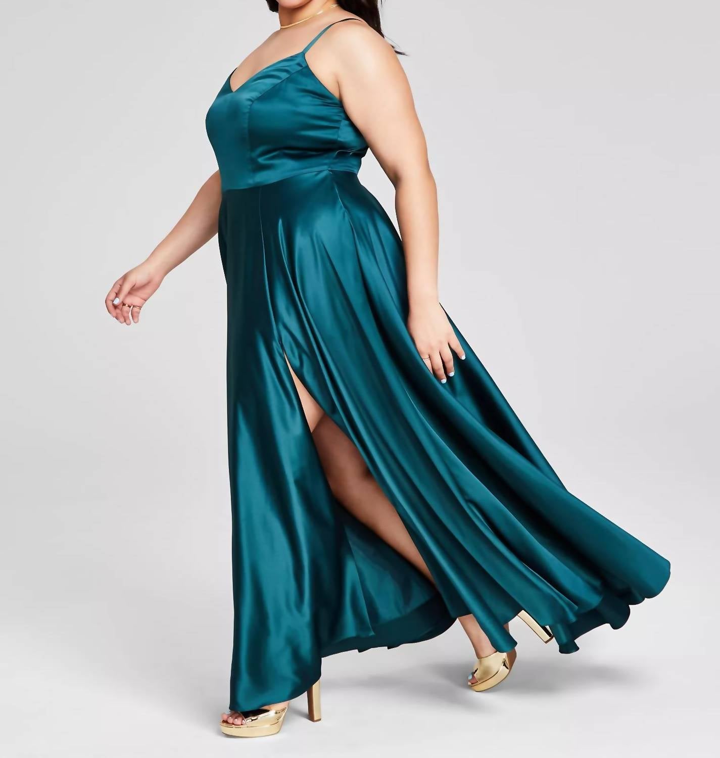 Plus Size Satin Sleeveless Front-slit Gown
