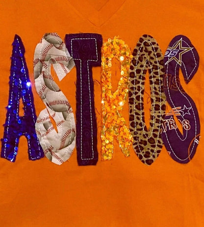 Women's Astros Sequin Patch V Neck Tee