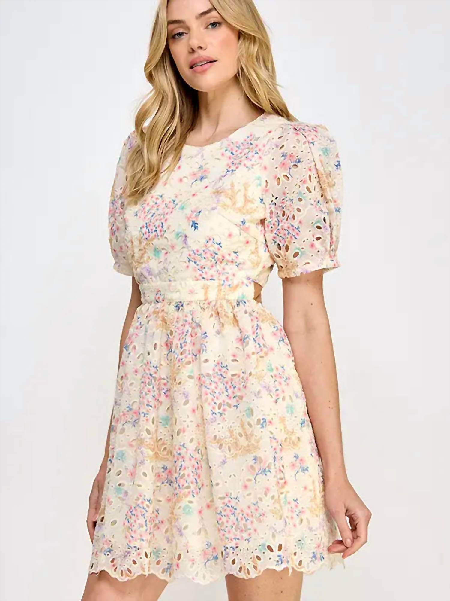 Rubienn - Floral Print Eyelet Short Dress - Rack Hunt -