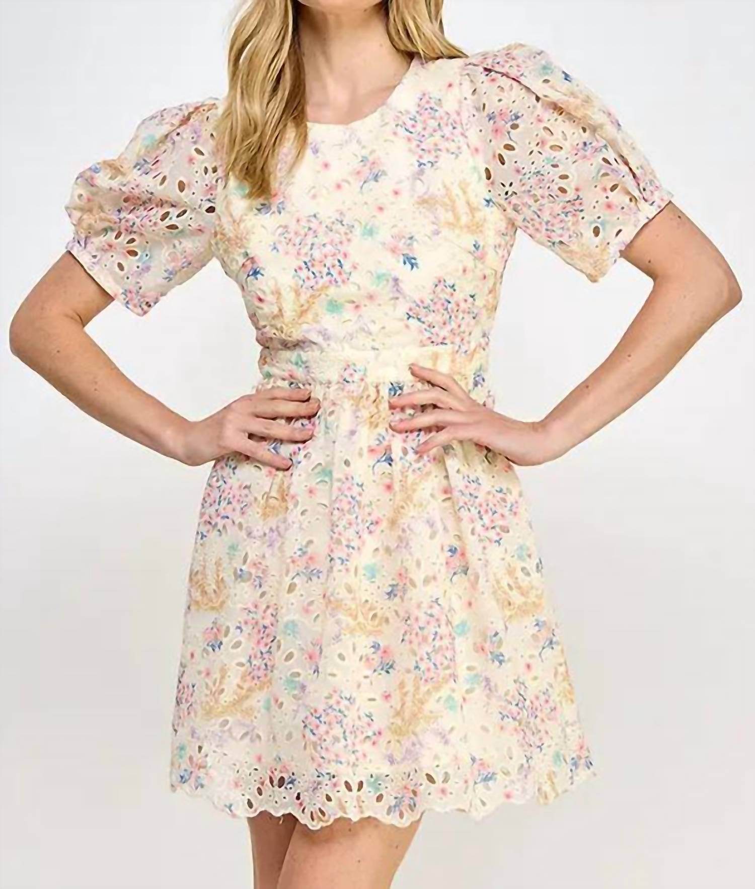 Rubienn - Floral Print Eyelet Short Dress - Rack Hunt -