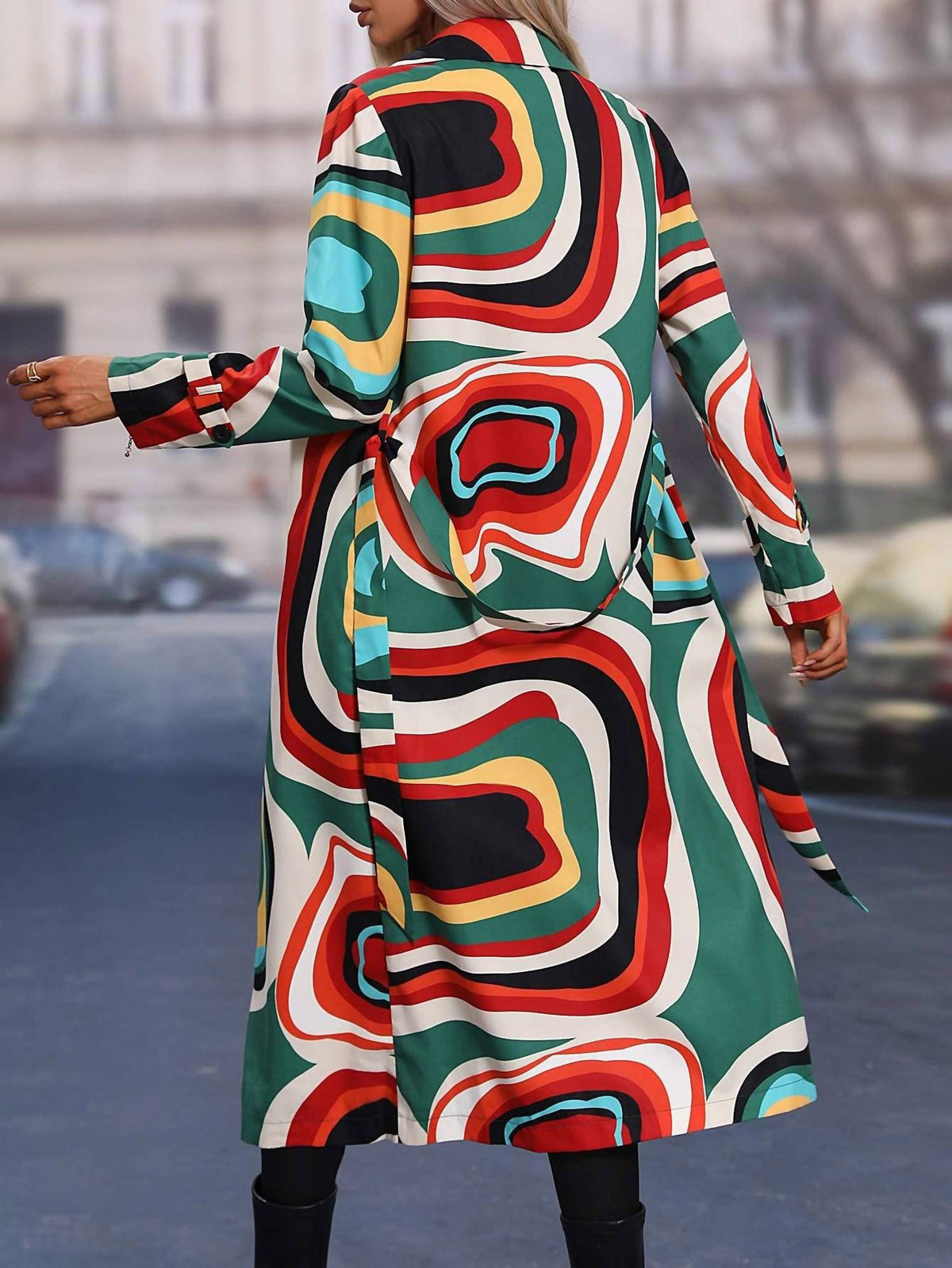Allover Print Double Breasted Belted Trench Coat