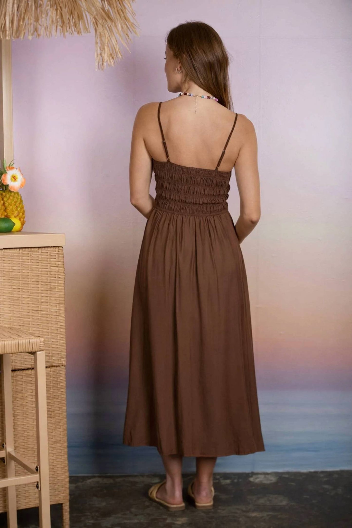 Shirred Bodice Spaghetti Strap Midi Dress