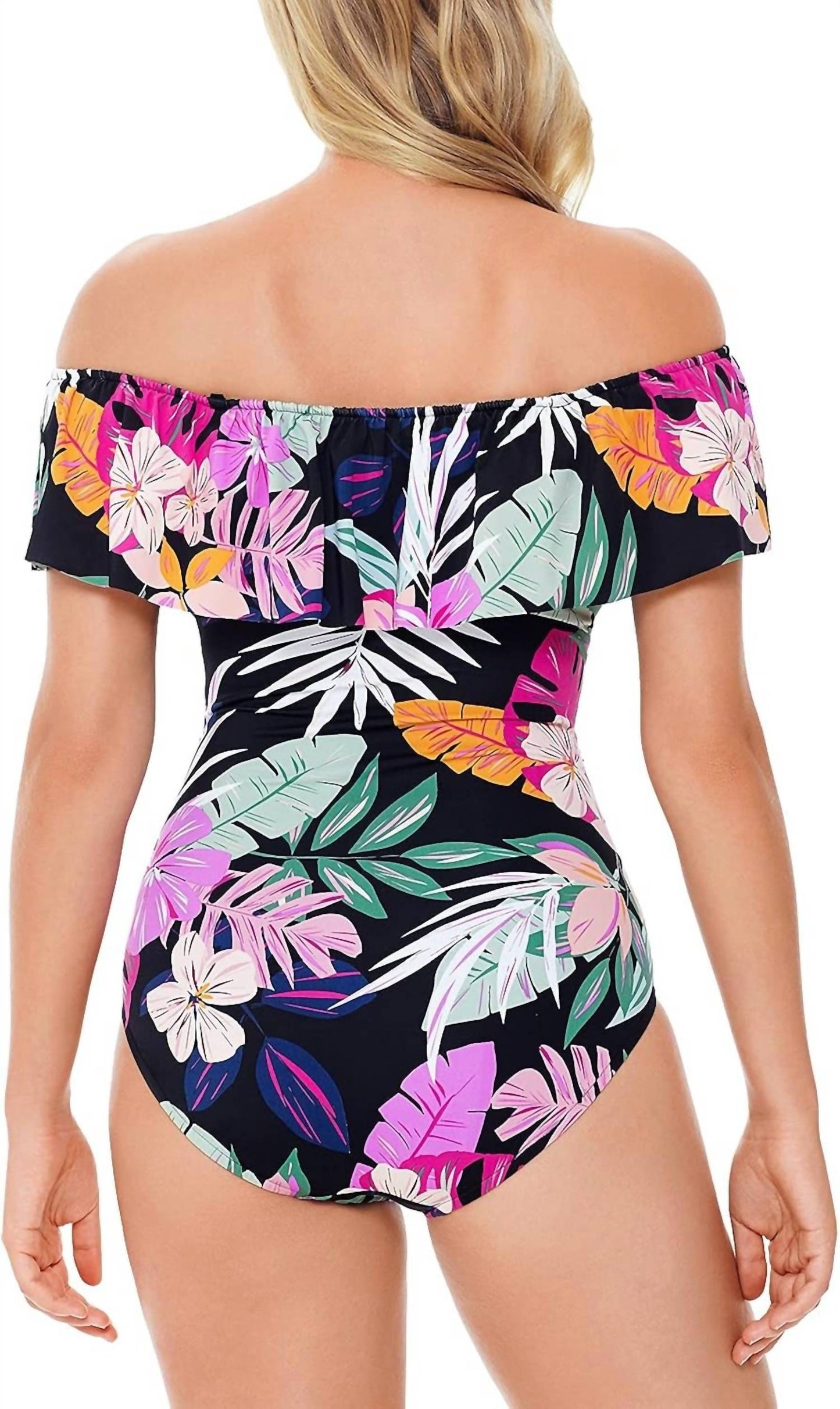 Deco Printed Off The Shoulder Ruffle Tummy Control One Piece Swimsuit
