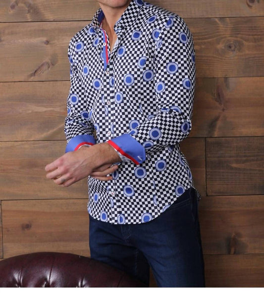 Digital Print Button Down Shirt With Checkerboard Design