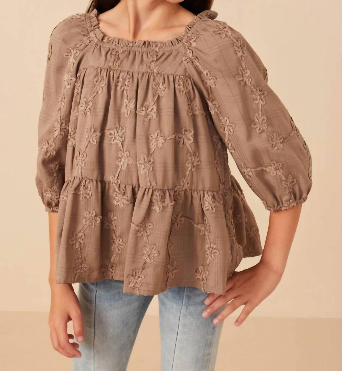Brushed Floral Puff Sleeve Square Neck Top