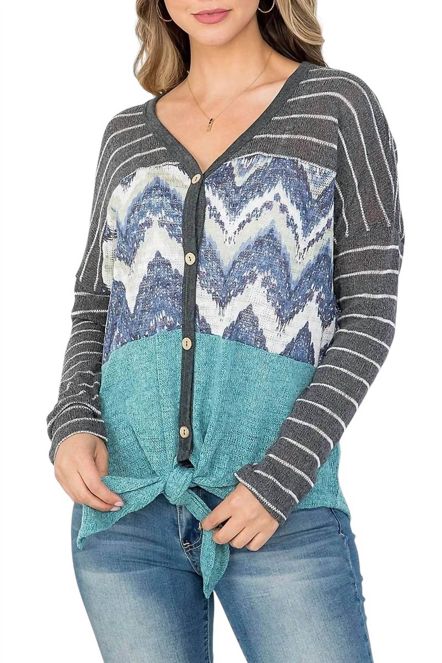 Oddy - Colorblock Front Tie Long Sleeve Top - Rack Hunt -