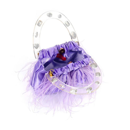 Women's Colorful Gem Handle Embellished Feather Bag