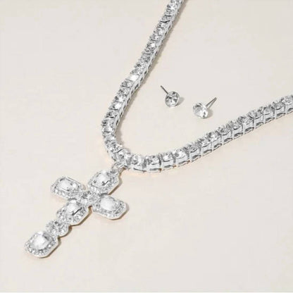 Women's Crystal Cross Necklace & Earring Set