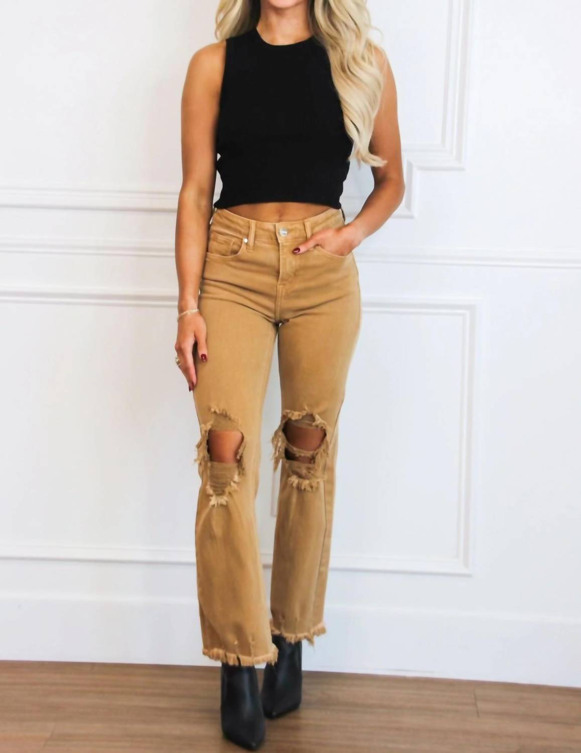 Riva Distressed High Rise Straight Jeans