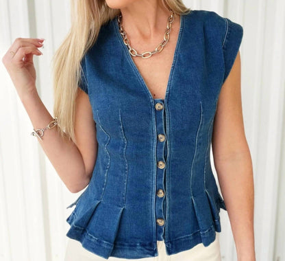 Button Down Sleeveless Peplum Top