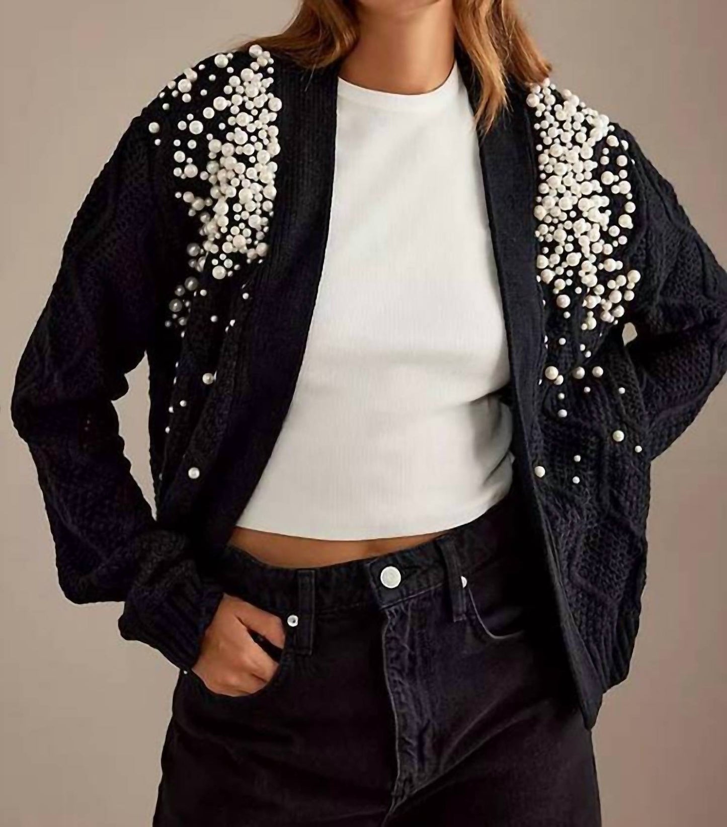 Pearl Embellished Cable Knit Cardigan