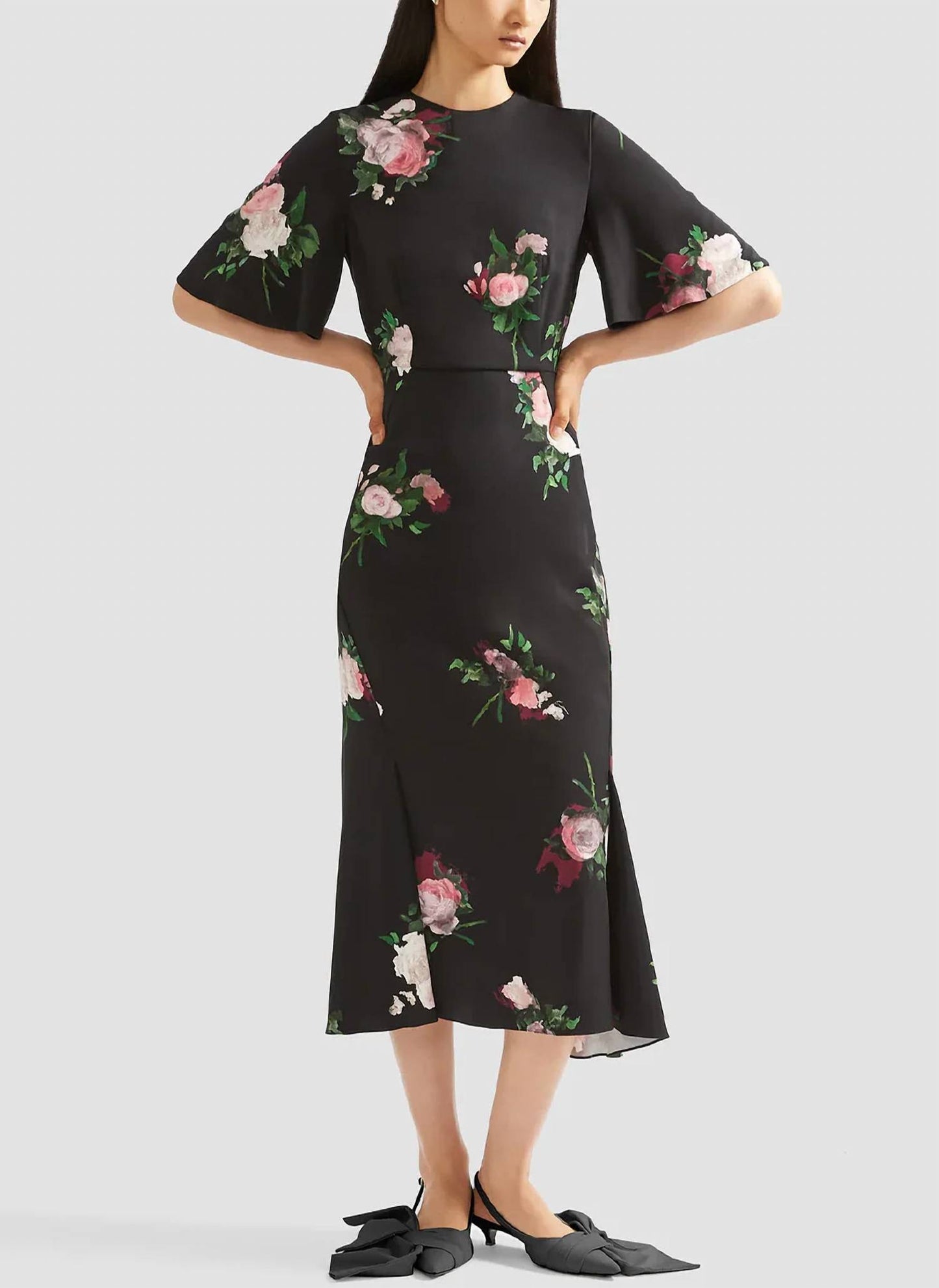 Painted Rose Bouquet Short Sleeve Midi Dress