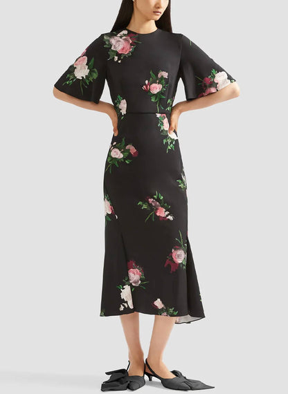 Painted Rose Bouquet Short Sleeve Midi Dress