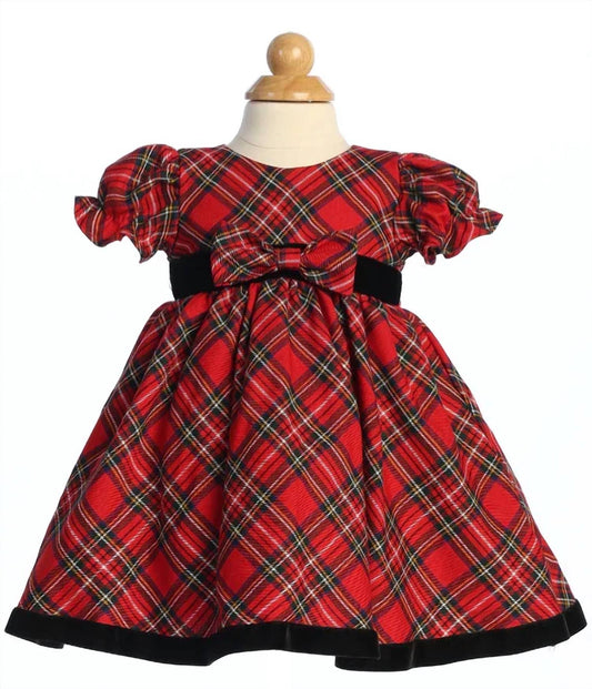 Girl's Short Sleeve Plaid On Hem Holiday Dress