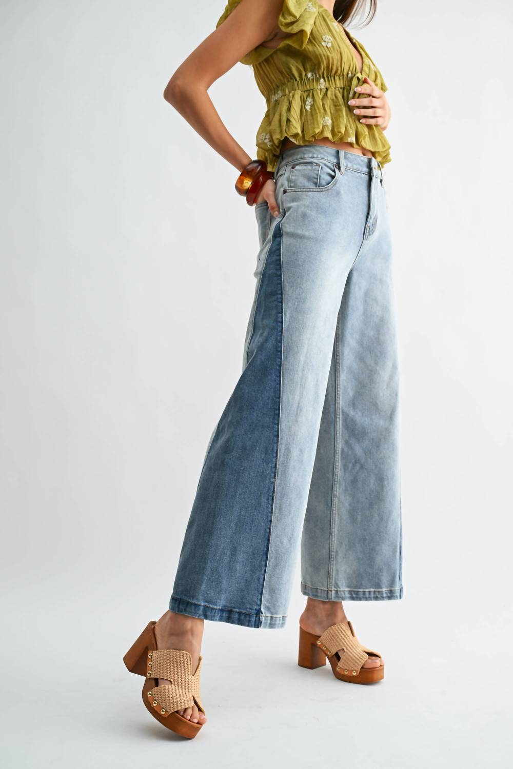 Wide Leg Contrast High Waist Jeans