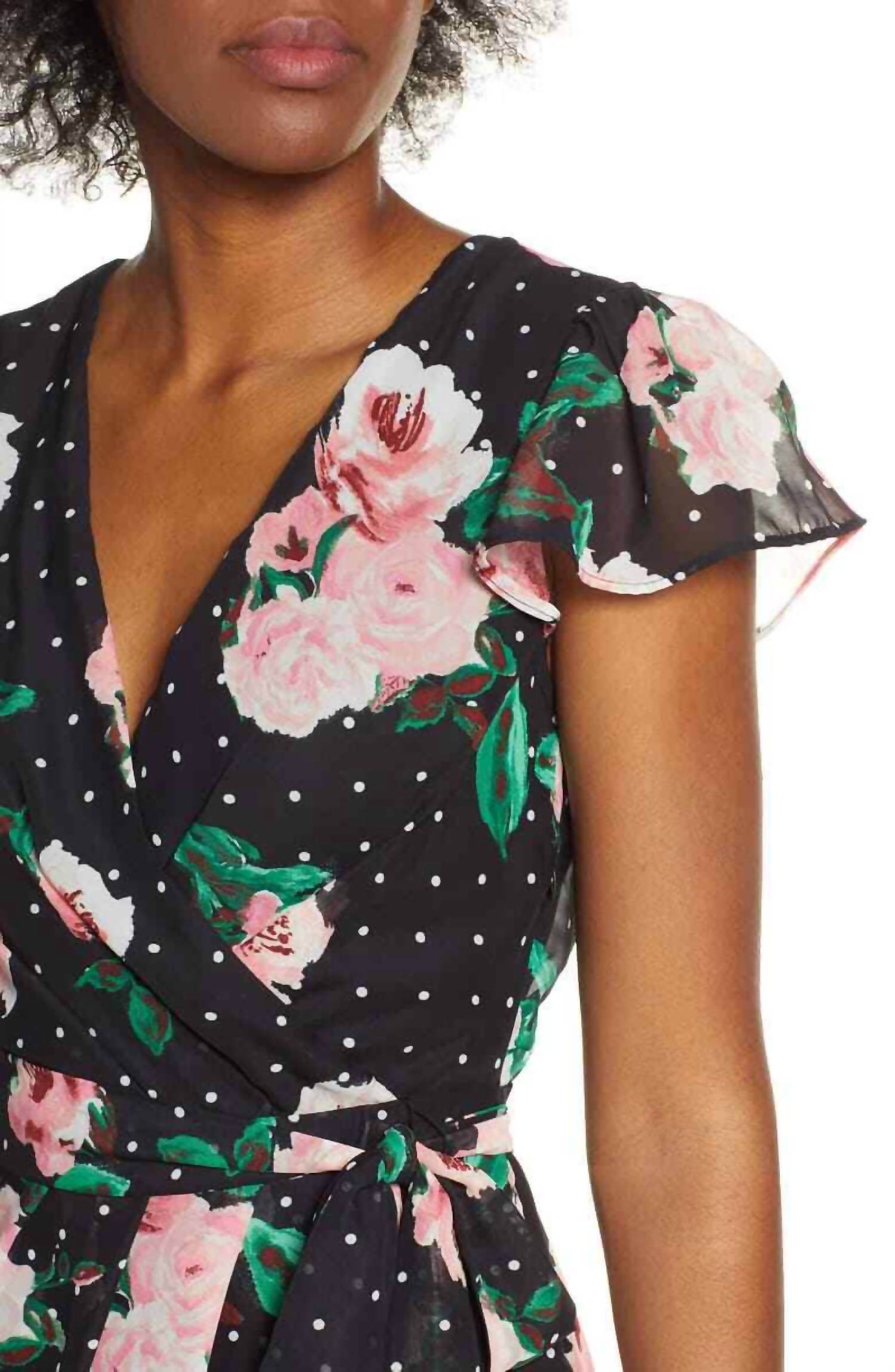 Julia Jordan - Faux Wrap Black Dots Floral High Low Chiffon Dress - Rack Hunt -