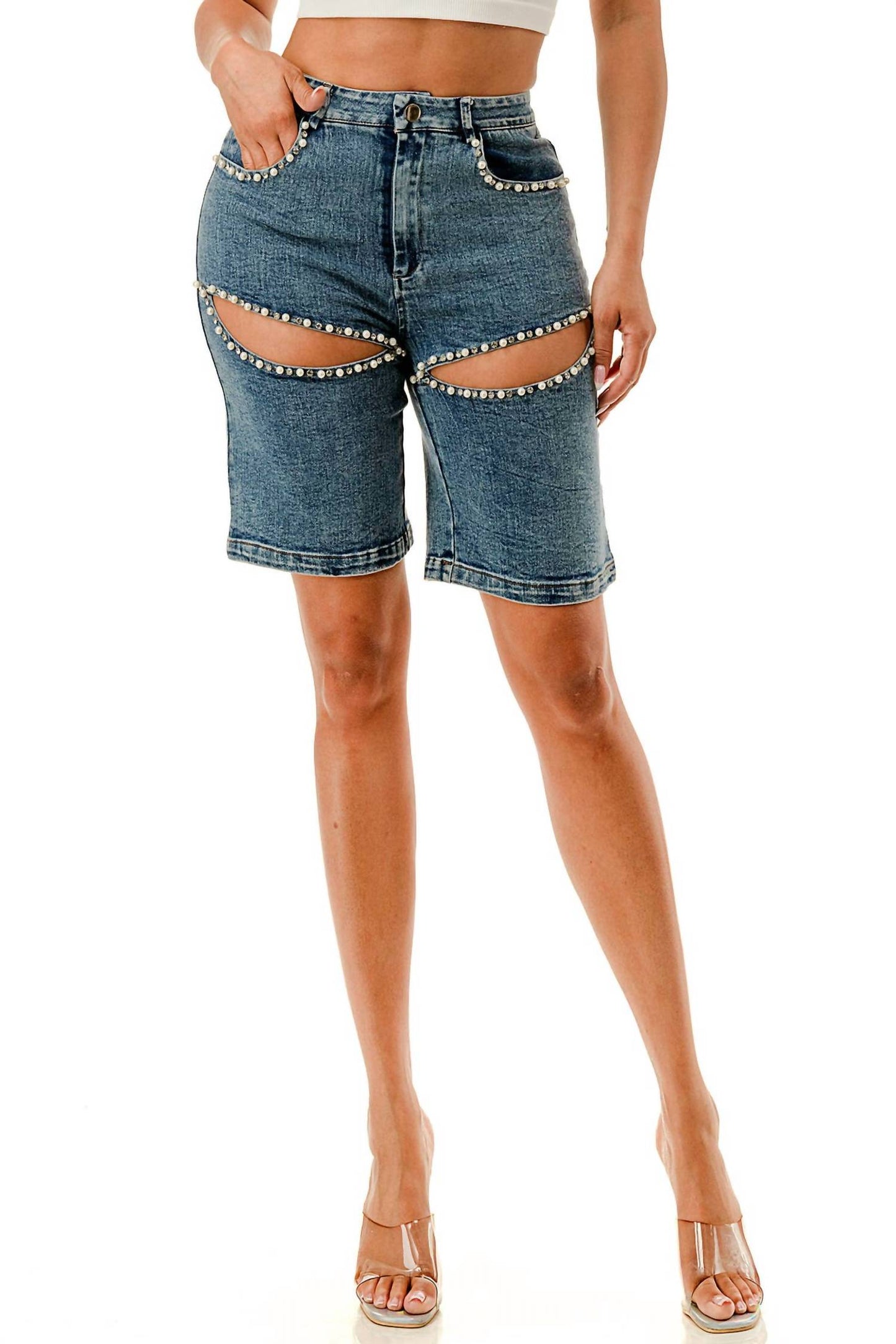 Embellished Pearl Denim Shorts