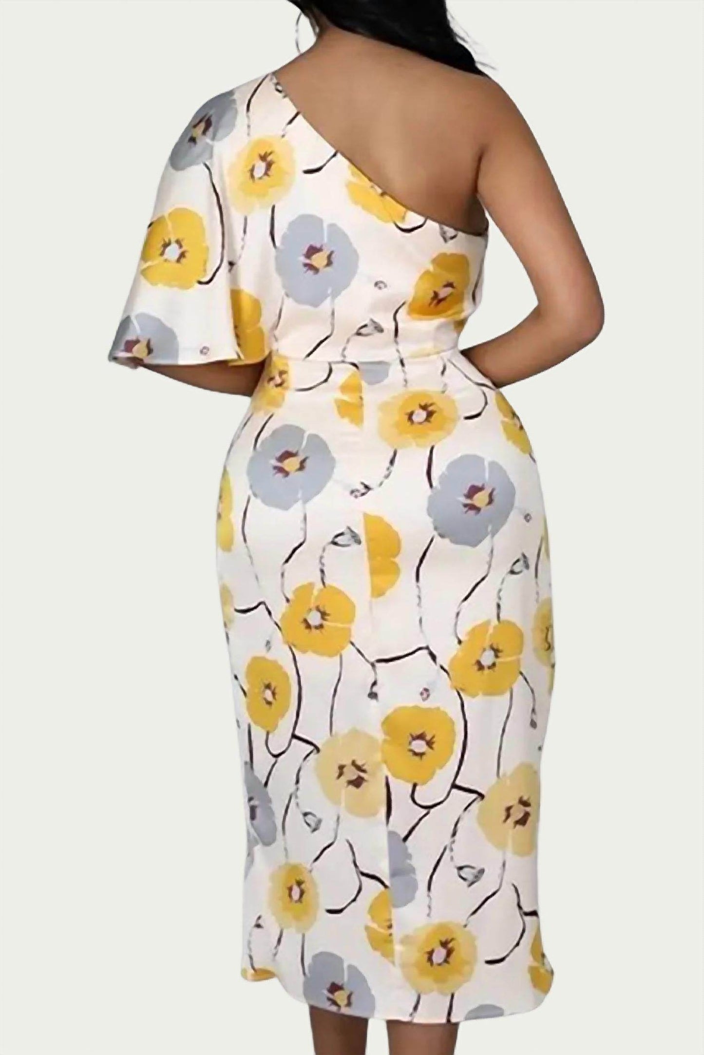 Black Pearl Clothing - ONE-SHOULDER RUCHED FLORAL-PRINT MIDI DRESS - Rack Hunt