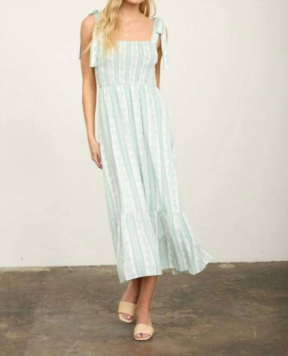 Stripe Floral Smocked Tie Strap Detail Midi Dress