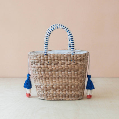 Women's Mini Woven Beach Tote Bag With Embroidered Bonjour