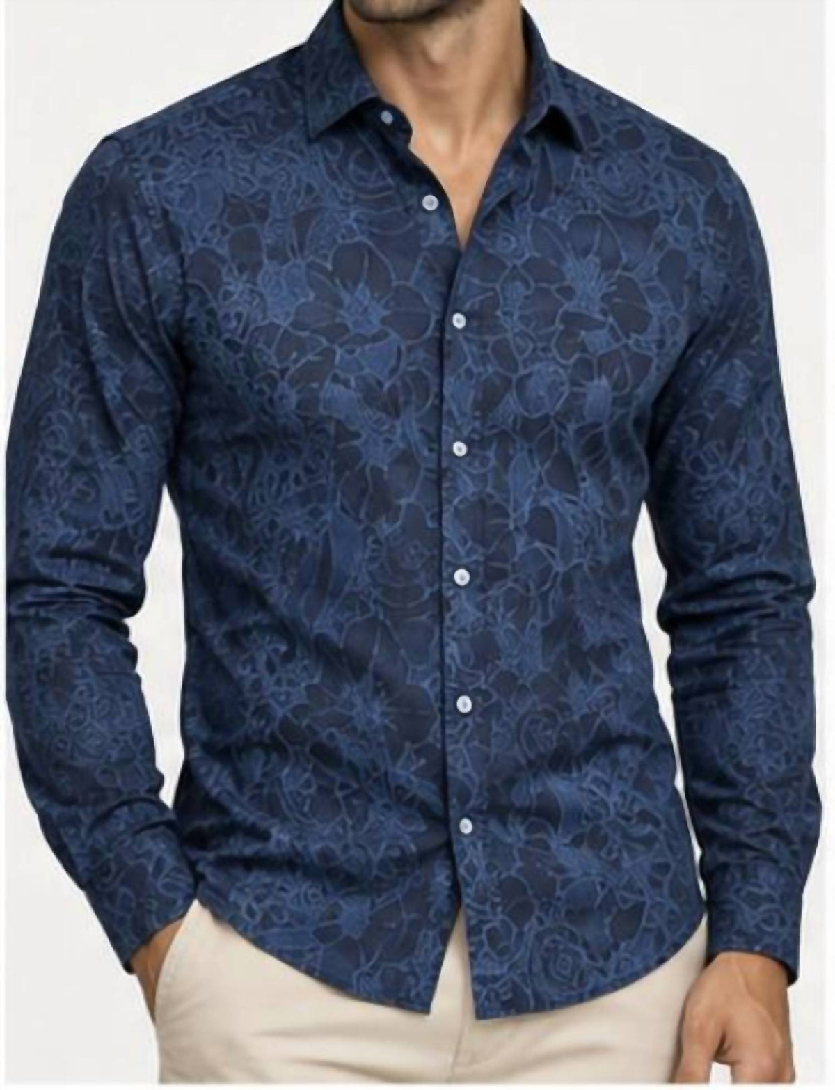 Tonal Floral Print Denim Long Sleeve Shirt