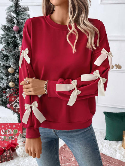 Solid Color Round Neck Bow Embellish Lace Pullover Sweatshirt