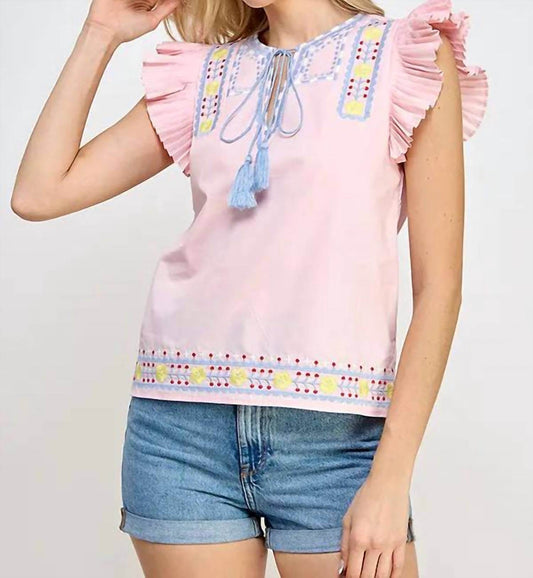 Rubienn - Pleat Sleeve Embroidery Detail Top - Rack Hunt -