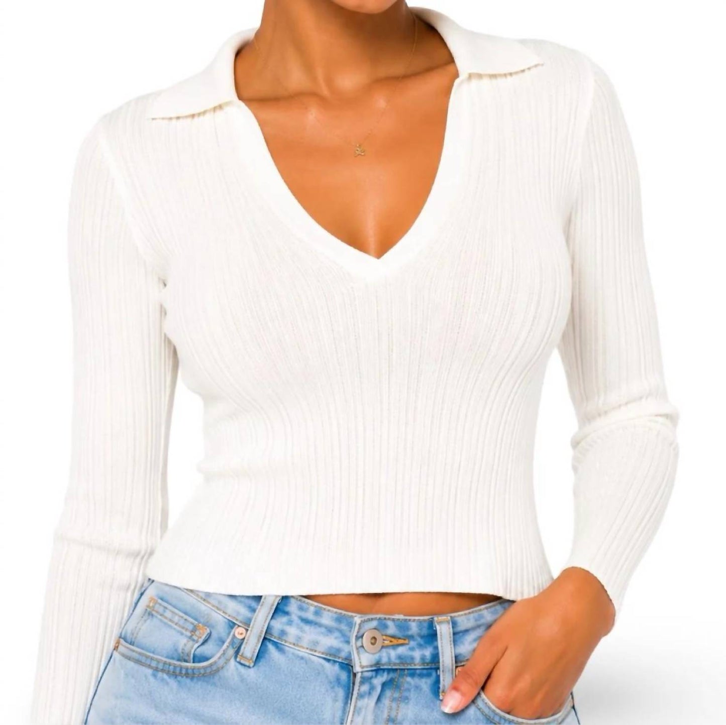 Trish Thick Ribbed Mesh Long Sleeve Deep V Cut Top