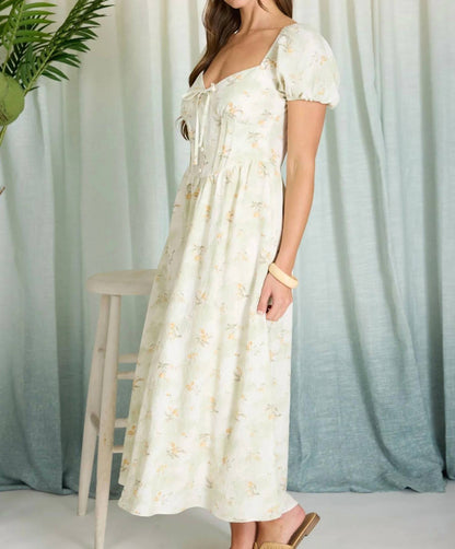 Floral Sweetheart Puff Sleeve Corset Midi Dress