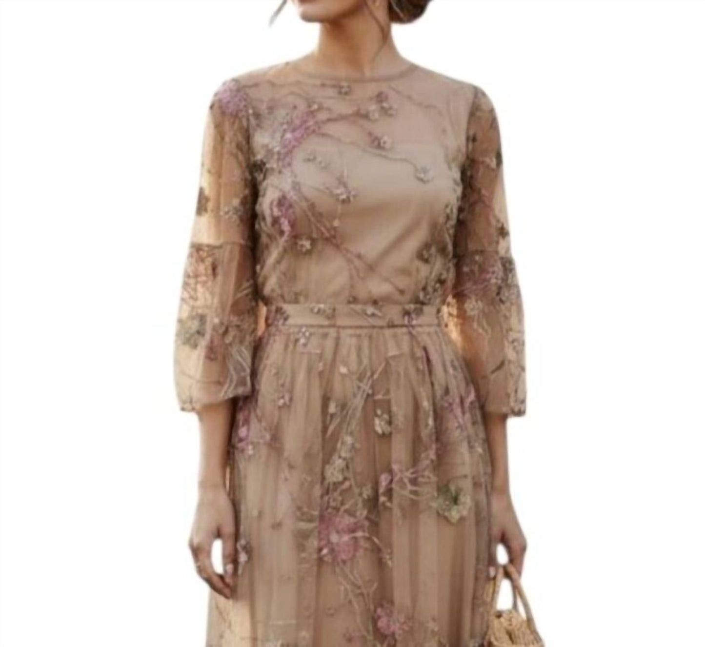 Embroidered Prairie Sleeve Sheer Midi Dress