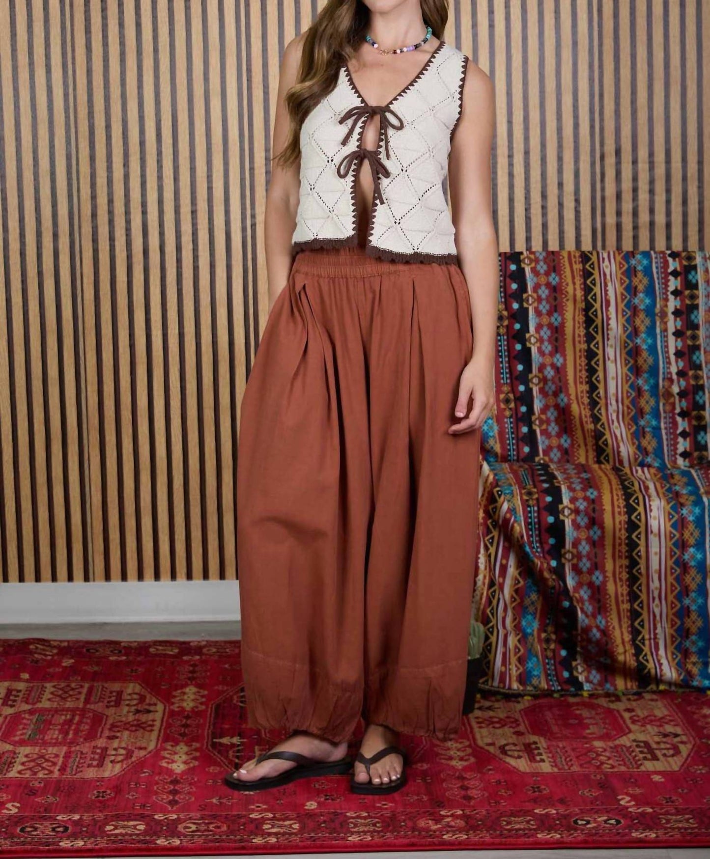 Contrast Stitch Crochet Knit Front Tie Vest