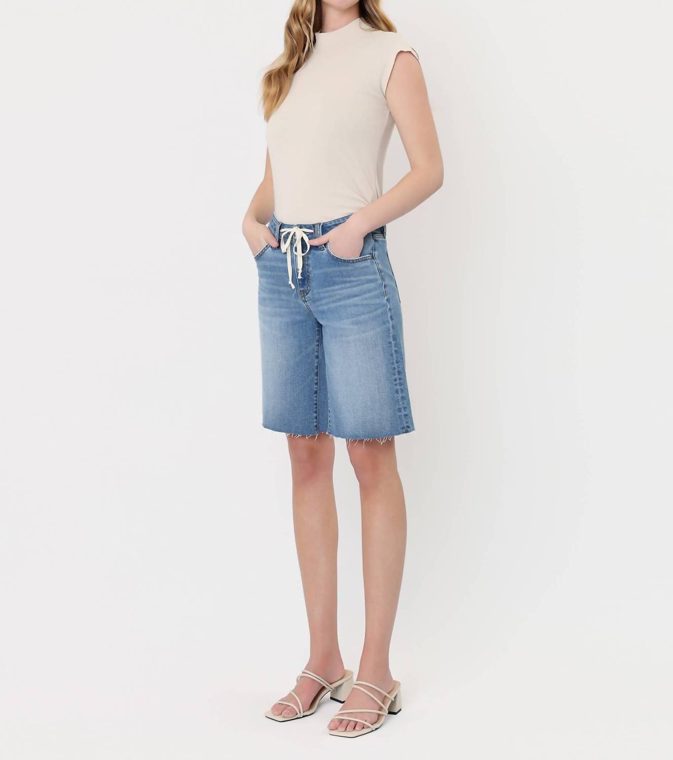High Rise Waist Tie Denim Bermuda Shorts